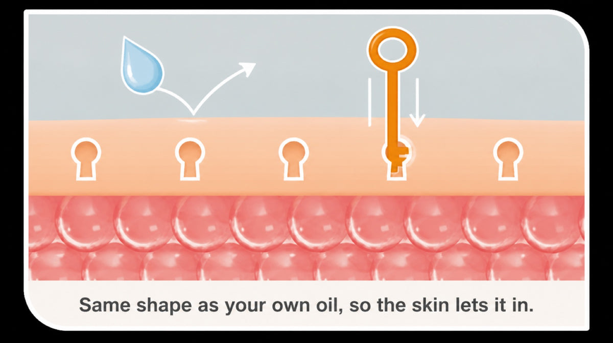 Simple 'lock and key' diagram in the brand illustration style. A cross-section of the skin's lipid mortar drawn as a row