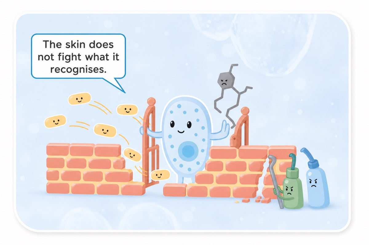 Illustration in the brand style: the skin's outer wall drawn as a low garden gate with a friendly gatekeeper cell. Golde