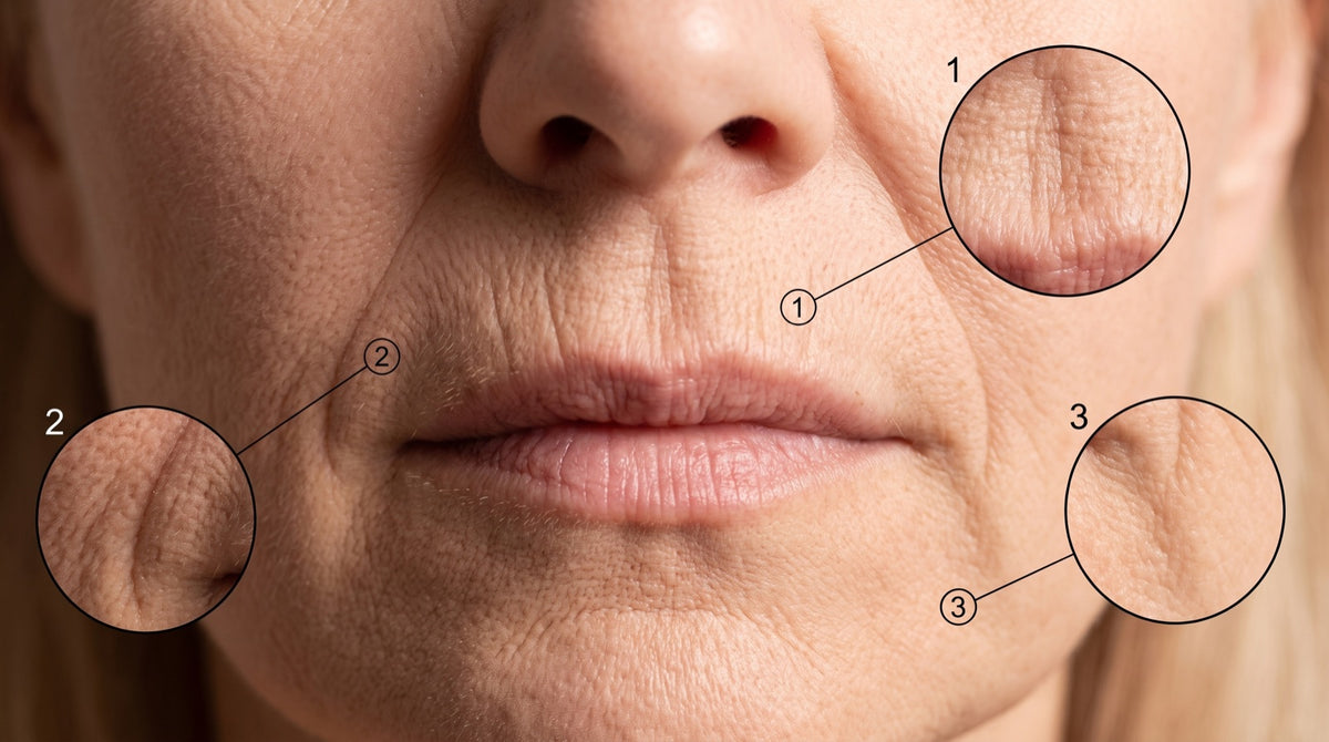 Close-up of a woman's lower face around 50 with three magnifier circles zooming into the lines above the lip, the crepey