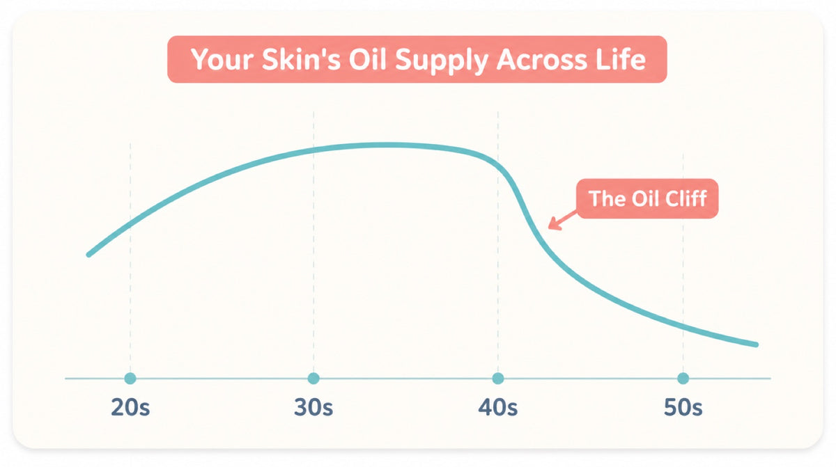 A clean, editorial line chart titled 'Your skin's oil supply across life'. One warm-orange curve rising through the 20s,