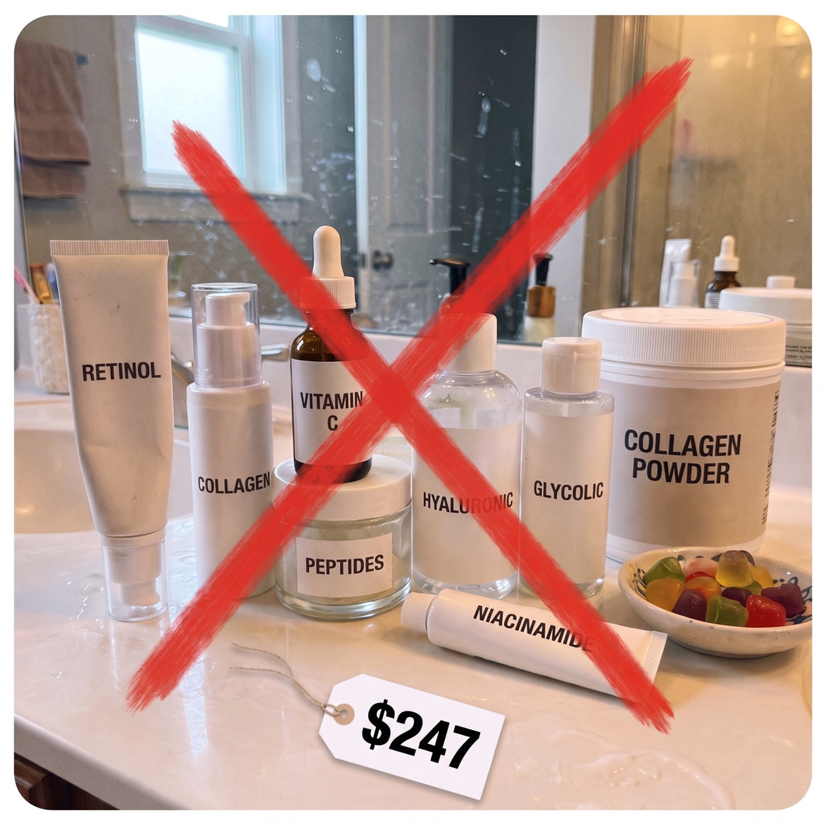 Flat-lay from above of a bathroom drawer crammed with half-used luxury creams and serums, expensive brands blurred or un