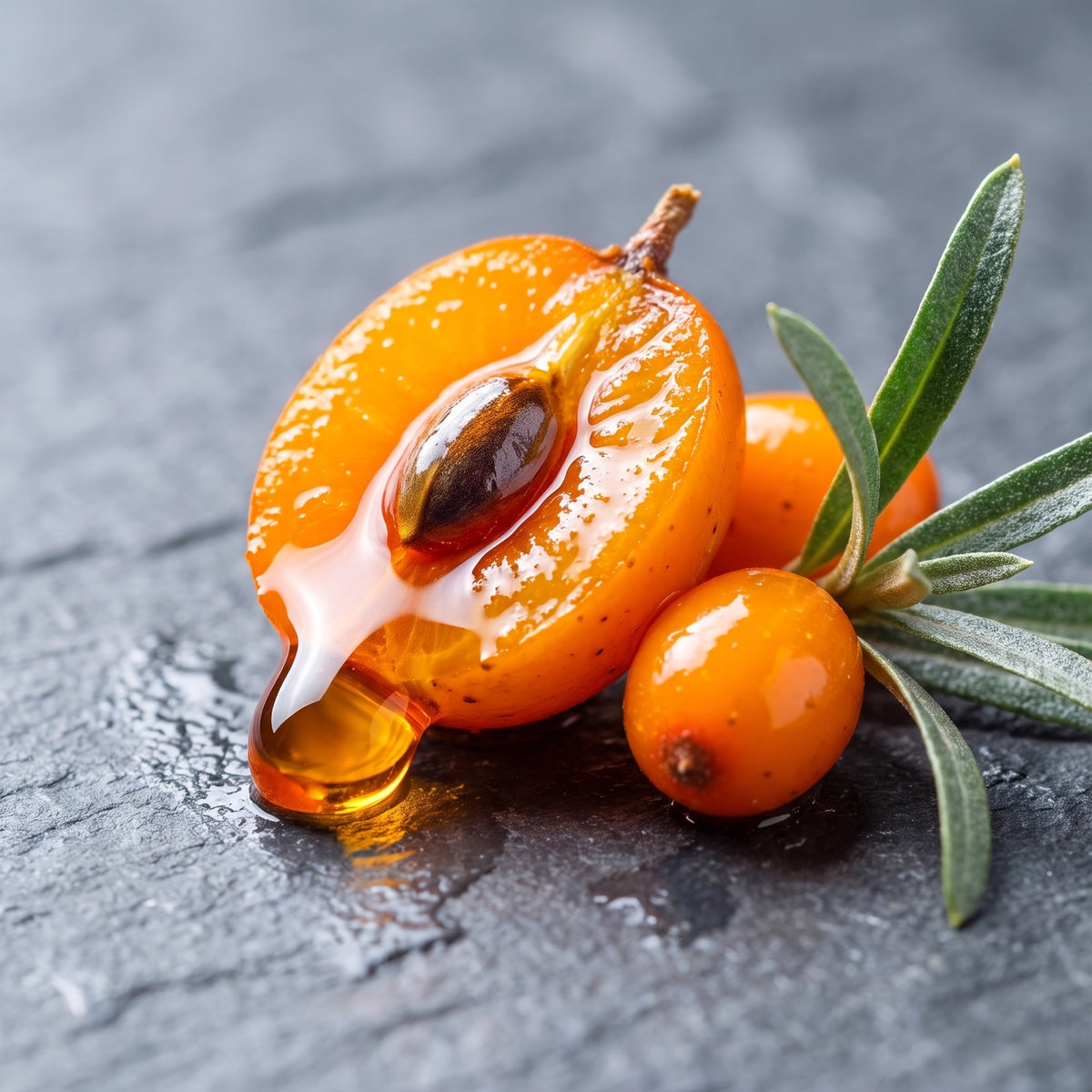 Extreme macro of a single sea buckthorn berry cut in half on dark slate, the orange pulp glistening, a bead of deep-oran