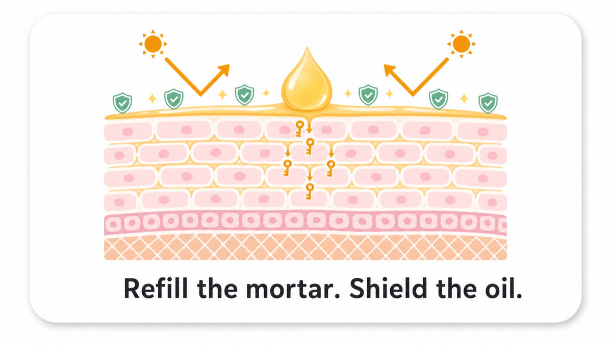 Diagram: a skin cross-section where the mortar between the bricks is being 'topped up' by slim orange omega-7 keys slidi