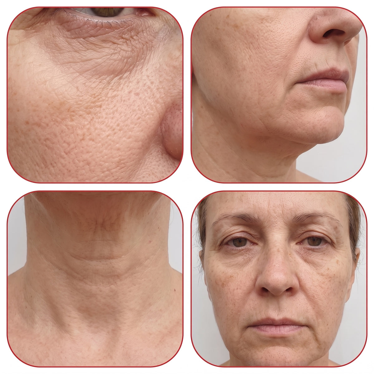A four-tile grid of honest close-ups on one woman around 55: crepey under-eye, the softened jawline from three-quarter v