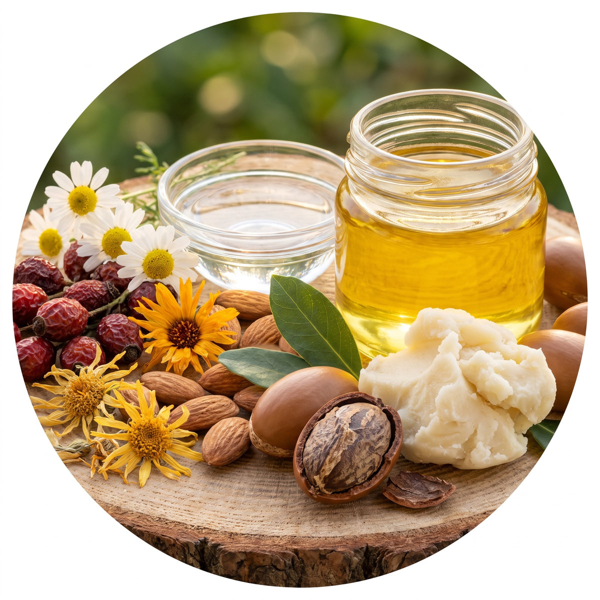 Overhead flat-lay of the supporting cast on pale linen: a raw shea nut and a knob of unrefined shea butter, dried rosehi