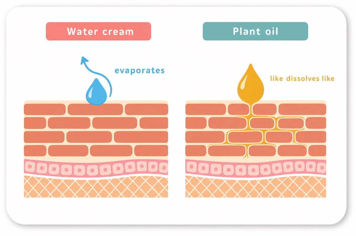 Two-panel diagram, brand illustration style. Left, 'Water cream': a blue droplet sitting on top of tightly packed skin b