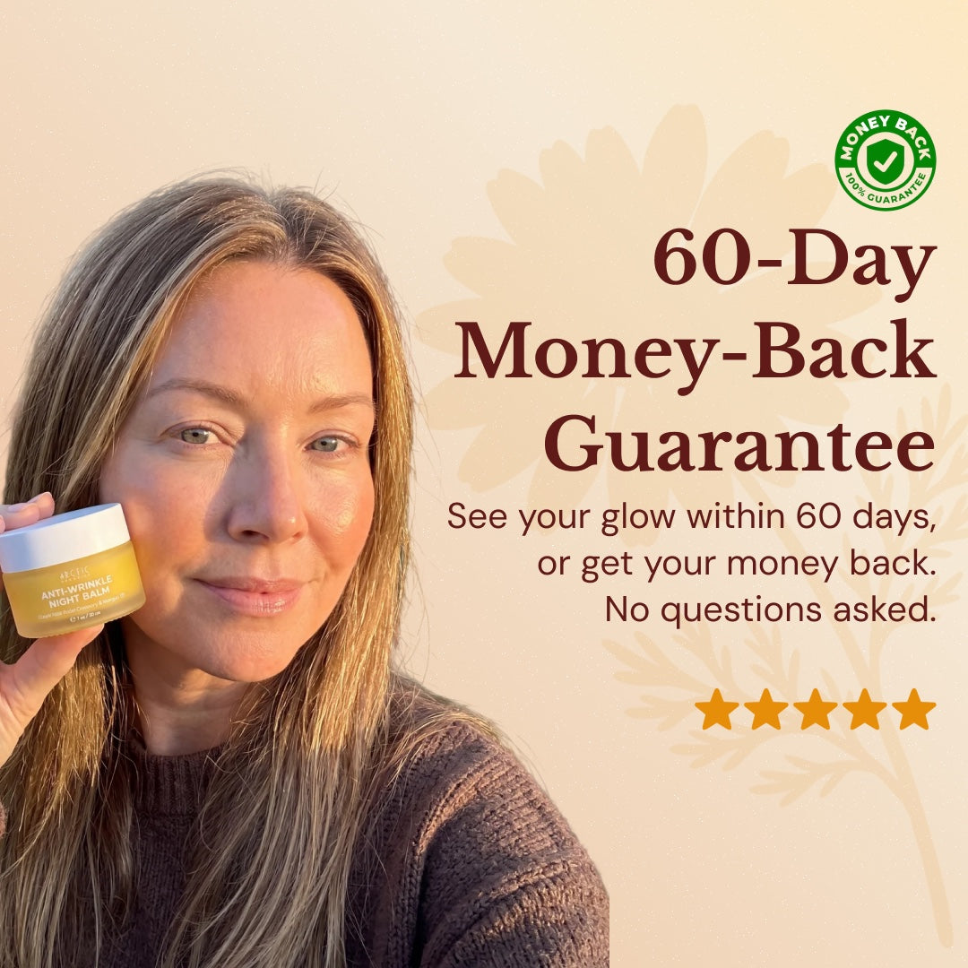 60-day money-back guarantee: woman holding the Arctic Organics Night Balm