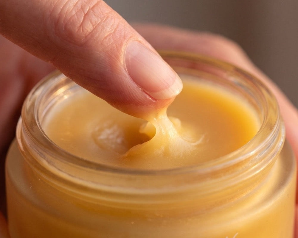 Macro of a fingertip lifting a small curl of the night balm from the jar: dense, cream-gold, with the faint orange tint 