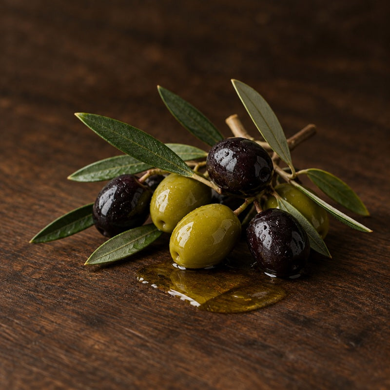 Squalane oil drop and olive-green leaves