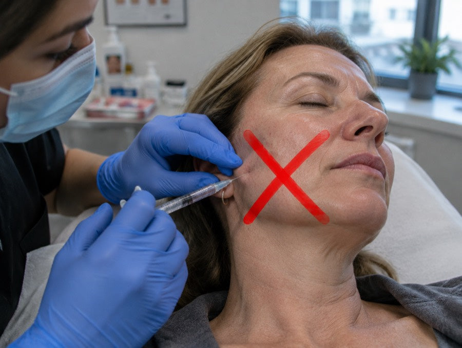 A woman receiving a cosmetic injection at a clinic, crossed out with a red X